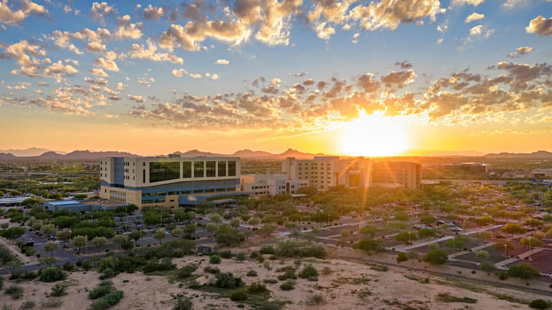 Mayo Clinic in Arizona campus at sunset, framed by the McDowell Mountains